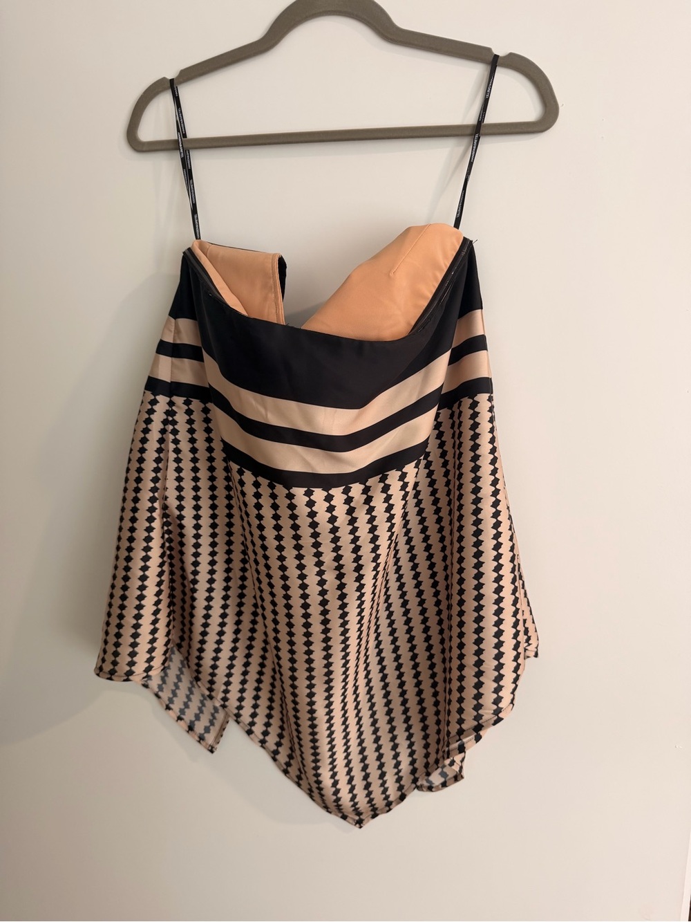 Strapless Handkerchief Hem Top in Beige and Black